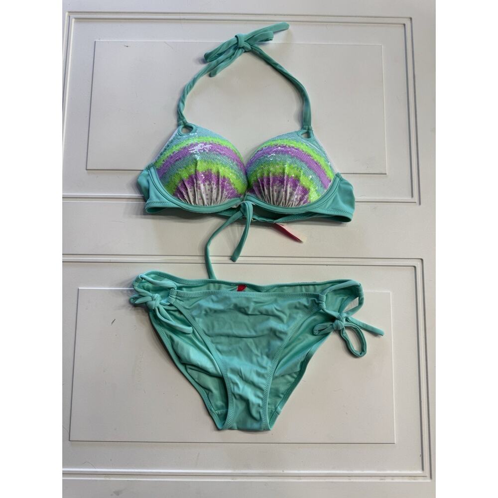 Victoria’s Secret 34B Top M Bottom Sequin Teal Purple Mermaid Pushup Bikini Set